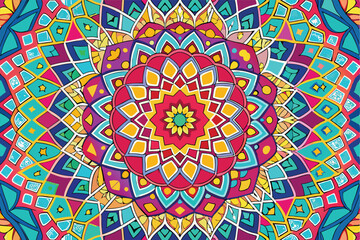 Poster - Colorful geometric mandala illustration with intricate patterns and vibrant colors designed for visual appeal in art and decor