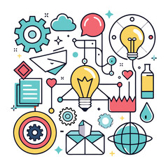 Aufkleber - Colorful vector illustration showing creative ideas and technology with light bulbs, gears, and various design elements in a modern style