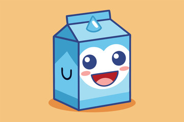 Poster - Cute smiling milk carton character with blue design on a bright yellow background, showcasing a happy and playful personality