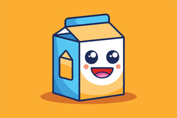 Poster - Cute smiling milk carton character with blue design on a bright yellow background, showcasing a happy and playful personality