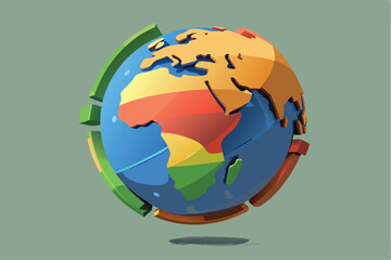 Leinwandbilder - Colorful vector illustration of a globe showcasing continents with bright colors and 3D geometric shapes around it