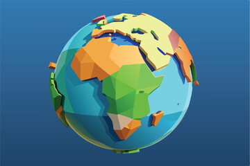 Leinwandbilder - Colorful vector illustration of a globe showcasing continents with bright colors and 3D geometric shapes around it