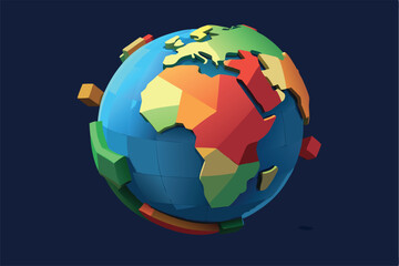 Aufkleber - Colorful vector illustration of a globe showcasing continents with bright colors and 3D geometric shapes around it