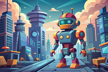 Poster - Futuristic cityscape featuring a friendly robot standing on a vibrant walkway surrounded by tall buildings and greenery during a bright day