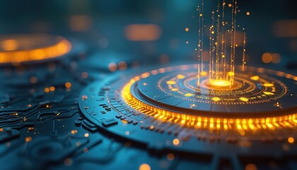 Fototapete - Bright futuristic tech background with orange glow and blue. Digital interface elements, lines, microchips. Tech concept visualization for crypto, blockchain, AI, big data projects, sci-fi.