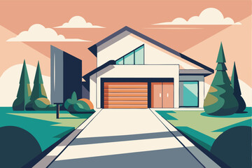 Aufkleber - Modern vector illustration of a stylish house with a unique design in a serene landscape during a bright day