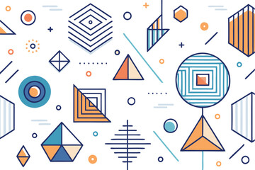Aufkleber - Vector illustration of abstract geometric shapes featuring circles, lines, and triangles in various colors and arrangements designed for digital backgrounds or art projects