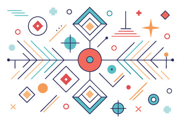 Aufkleber - Vector illustration of abstract geometric shapes featuring circles, lines, and triangles in various colors and arrangements designed for digital backgrounds or art projects