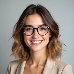 pro portrait of young smiling woman with glasses. perfect headshot photo for profile, dating site av