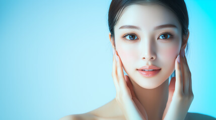 Aufkleber - 美肌の若くて綺麗なアジア人女性モデルの美容ポートレート。両手を頬に当てるポーズをしている。テキストスペースあり。