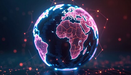Fototapete - Tech progress. Digital globe with neon lines and nodes shows worldwide web concept. Futuristic earth with grid, blue sphere and lights symbolize global technology, communication and network.