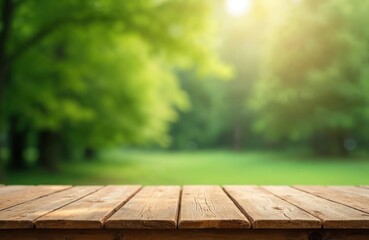 wooden table top on blurred green park background. empty rustic wood desk, sunlit nature backdrop fo