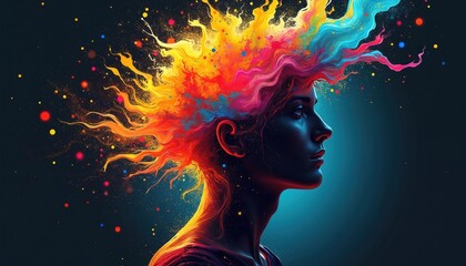 Poster - Silhouette of head profile with colorful abstract shapes flowing outward. Represents boundless creativity, innovative thinking. Glowing light, vibrant colors, smooth lines. Promotes inspiration,