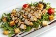© Smoky - Grilled Chicken Salad Delight with Croutons Tomatoes and Fresh Greens on White Plate Appetizing Food Photography