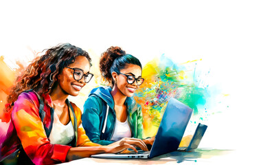 two young women with laptop. concept of women collaborating as product managers in it industry