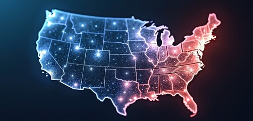 Aufkleber - USA map with blue, red glow. Map made of small dots, giving starry appearance. Digital network connections, travel destination concept. Modern cyberspace design, abstract communication geometric