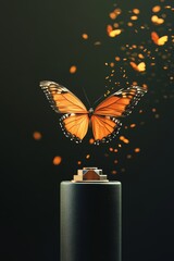 Wall Mural - a stunning illustration of an orange butterfly emerging from a battery, signifying transformation an
