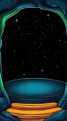cave opening onto starry sky with steps. blue rocky frame, black celestial background with many star