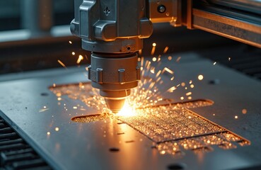 Leinwandbilder - Automated robotic laser cuts product contour on sheet metal with sparks. High-precision CNC machine tool melts metal in industrial manufacturing factory. Modern tech, fabrication, metalwork