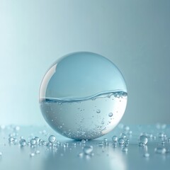 Leinwandbilder - Water sphere with droplets, bubbles. Clean transparent liquid background. Freshness concept. Purity symbol. Perfect image to demonstrate cosmetic product. Great visuals for advertising hygiene anti