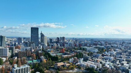Fototapete - 都市、街、空撮、ドローン、パノラマ、展望、観光、旅行、建設、インフラ、ビル、俯瞰、ハイアングル、景色、地平線、景観、社会、現代、風景、建築、ビル群、不動産、高層ビル、摩天楼、日本、地方、自治体、行政、青空、環境、産業、都会、経済、ビジネス、交通、遠景、開発、発展、コピースペース、昼間、晴れ、明るい、建物、屋外、飛行、迫力、広大、ダイナミック、60p、絶景