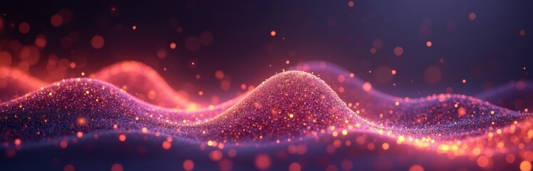 Poster - Abstract colorful digital particle wave with bokeh lights background. 3D render wave line, dot background, glowing effect. Dynamic swirl graphic design, energy colors texture flow pattern.