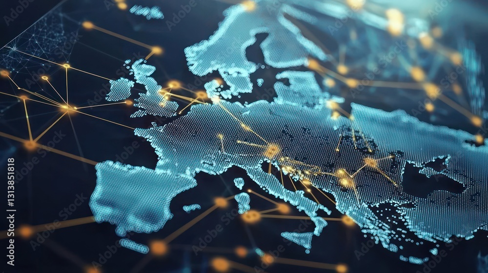Digital Network Map Of Europe With Connected Points And Lines On Dark ...