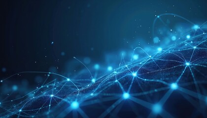 Fototapete - Abstract blue network connections with glowing dots, lines. Tech, medical concept. Futuristic science background, cyber technology poster design. Neural web, datum cyberspace communication, graphic