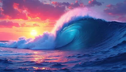 Aufkleber - Ocean wave glitters at pink sunset with colorful sky. Vibrant seascape, light, sun reflecting in water. Abstract blue water crashing with foam. Tranquil, peaceful, calm, energy, power, dynamic mood.