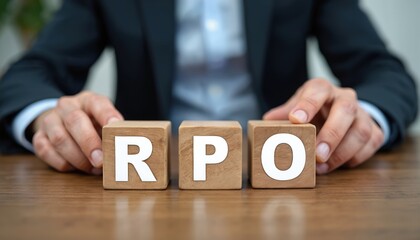 Fototapete - Unrecognizable man in suit aligns wooden cubes with RPO letters. Recovery Point Objective abbreviation. Data loss prevention, business continuity planning, disaster recovery, resilience. Useful for