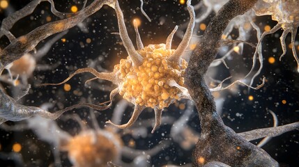 Poster - Microscopic view of an intricate network of interconnected neurons and nerve cells creating a captivating digital landscape that evokes a sense of scientific discovery and technological innovation