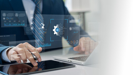 Aufkleber - AI Automation and Robotic Process Optimization for Data Driven Business Growth. A businessman working with AI system, displaying machine learning, predictive analytics, and industrial automation.