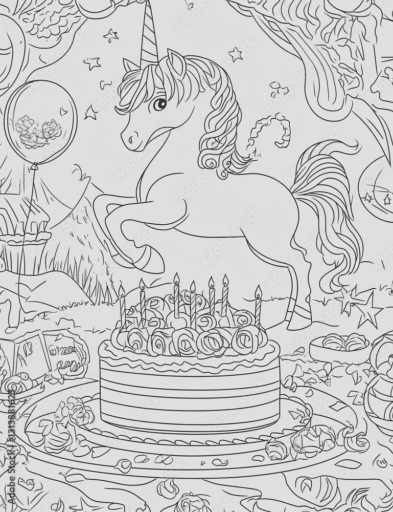 Unicorn birthday cake coloring page for kids. You can print it on ...