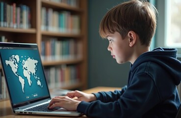 Aufkleber - Kid coding on laptop in library at desk. Student looks intently at screen with world map. Child studying IT, coding, education technology, future skills, distant learning, online classes. Programming.