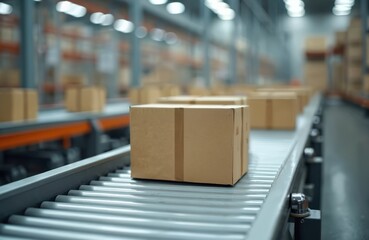 Poster - Packages move on conveyor belt system in distribution warehouse. Modern automated production line for transportation, delivery. Boxes parcel, industrial logistic shipping, freight management in