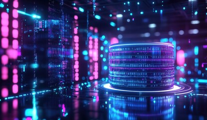 Poster - Futuristic Data Cylinder in Neon-Lit Server Room