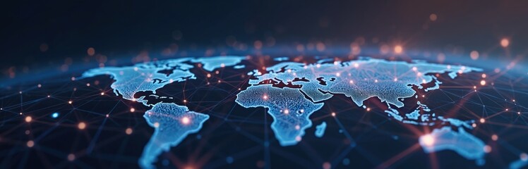Fototapete - Digital world map on tech background. Global business network, internet technology concept. Worldwide web connection, data exchange, futuristic tech design. International networking, worldwide