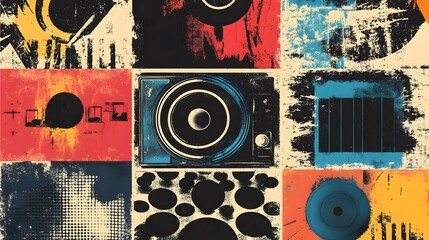 Poster - Vibrant Abstract Collage with Retro Audio Equipment in Pop Art Style