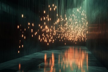 Wall Mural - a dark room with a lot of glowing numbers and letters. the room is lit by a light shining down from 