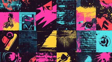 Poster - Vibrant Abstract Graffiti Wall with Explosive Colorful Paint Splashes and Geometric Patterns