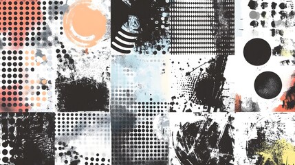 Poster - Vibrant Abstract Grunge Texture Composition with Overlapping Geometric Patterns and Splatters