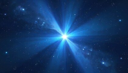 Poster - Bright star shines in dark blue sky, surrounded blue light scattered throughout cosmos. Galaxy, nebulae, cosmic dust, starry night illustrate wonder and awe at universe vastness. Sci-fi wallpaper