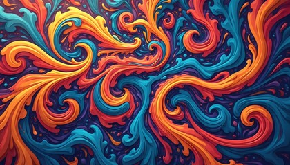 Leinwandbilder - Colorful abstract psychedelic background. Generative AI illustration with swirl pattern. Blue, orange, red curves on dark backdrop. Vibrant colors create intense retro style decor element.