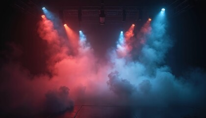 Aufkleber - Dark scene with colored stage lights, smoke. Concert, theatre spotlight background, modern empty space. Blue, red rays, abstract decoration, concrete floor, rough wall texture. Club show design.