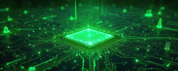Fototapete - Illustration of web digital technology on green background. Motherboard, chips, processor, energy, integrated circuit with matrix pattern. Ideal for tech, business, science network projects.