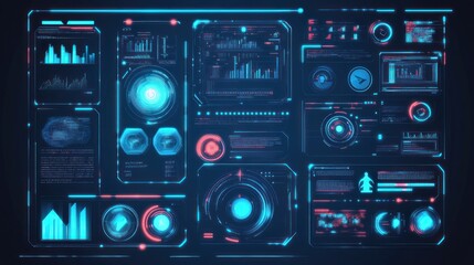 Futuristic digital interface displaying data visualizations and informational readouts