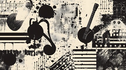 Poster - Vibrant Monochrome Abstract Art Composition with Silhouetted Musical Instruments