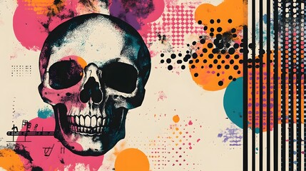 Leinwandbilder - Vibrant Skull Graphic with Colorful Paint Splatters and Grunge Textures