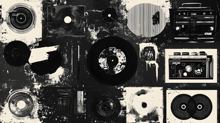 Aufkleber - Vintage Music and Technology Collage in Monochrome Tone