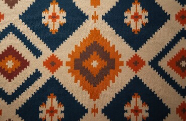 Poster - Seamless southwest textile pattern with native american geometric shapes. Ornamental boho print with navy blue, brown, orange colors. Traditional ethnic aztec background, navajo ornament, tribal